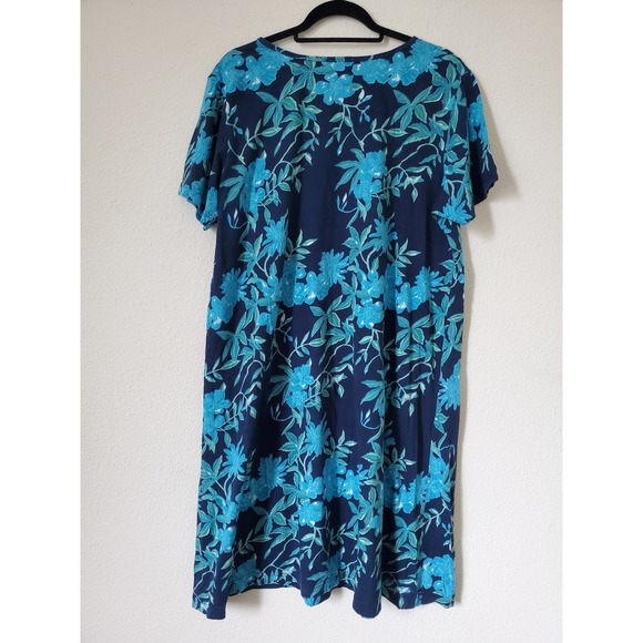 LA CERA Womens XL‎ Blue Tropical Floral Short Sleeve Midi Cotton Dress Pockets - Picture 8 of 9